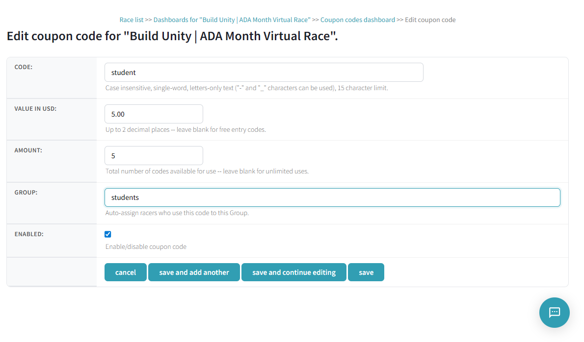 Coupon code with group field set to students