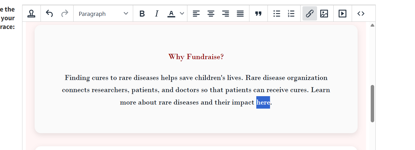 Personal fundraising settings form with headline and pitch fields