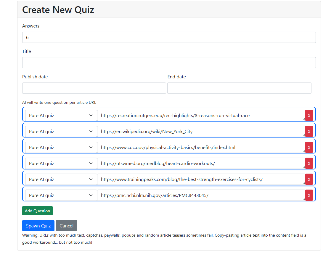 Create New Quiz form with answer count, title, dates, and article URL rows