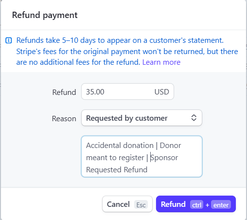 Stripe refund confirmation dialog showing amount, reason, and note fields
